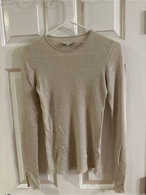 Vince Ribbed Long-Sleeve Crewneck Top in Light Beige
